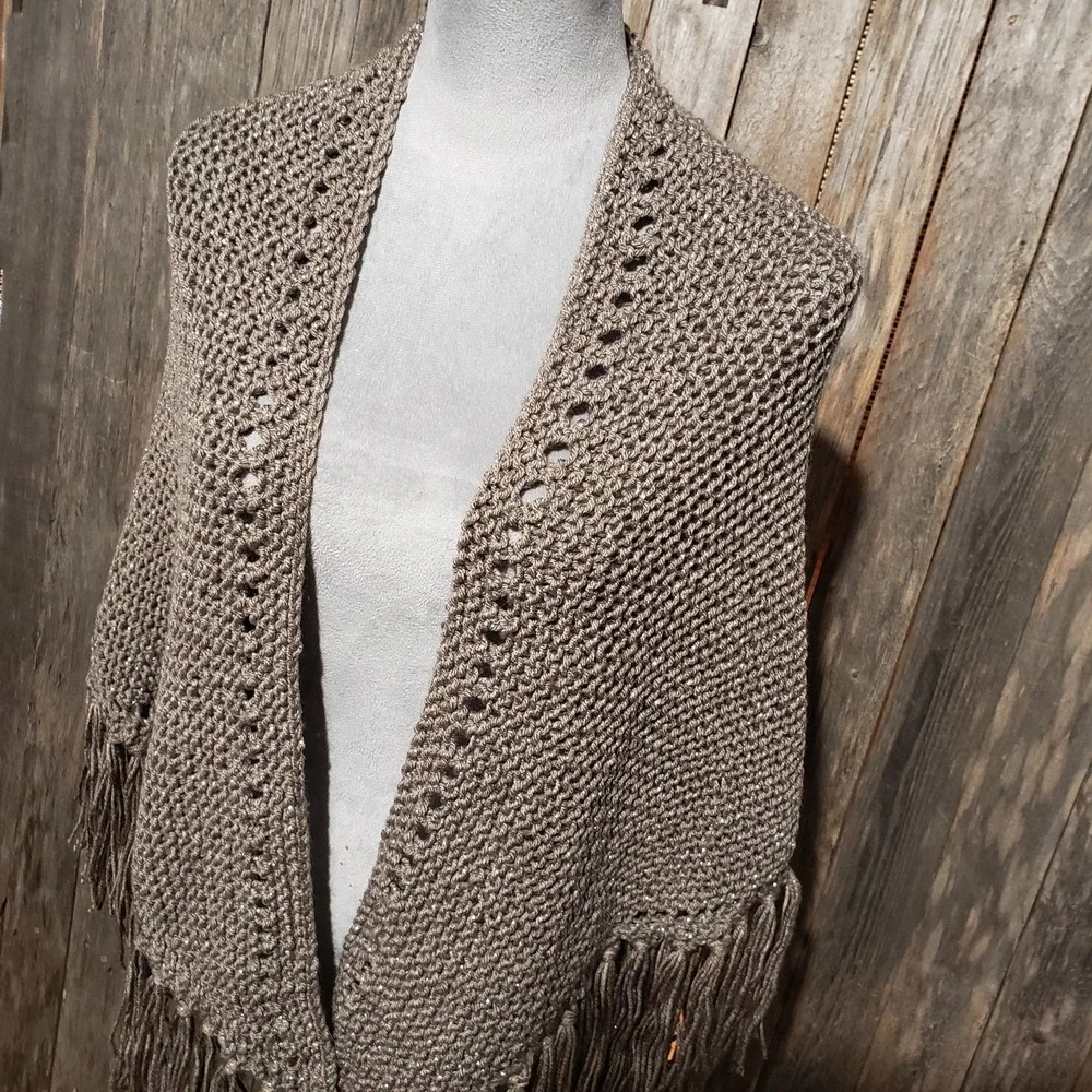 NEW‎ Taupe Metallic Hand Knitted Shawl Wrap Scarf Boho Hippie Fringe Art Cottage